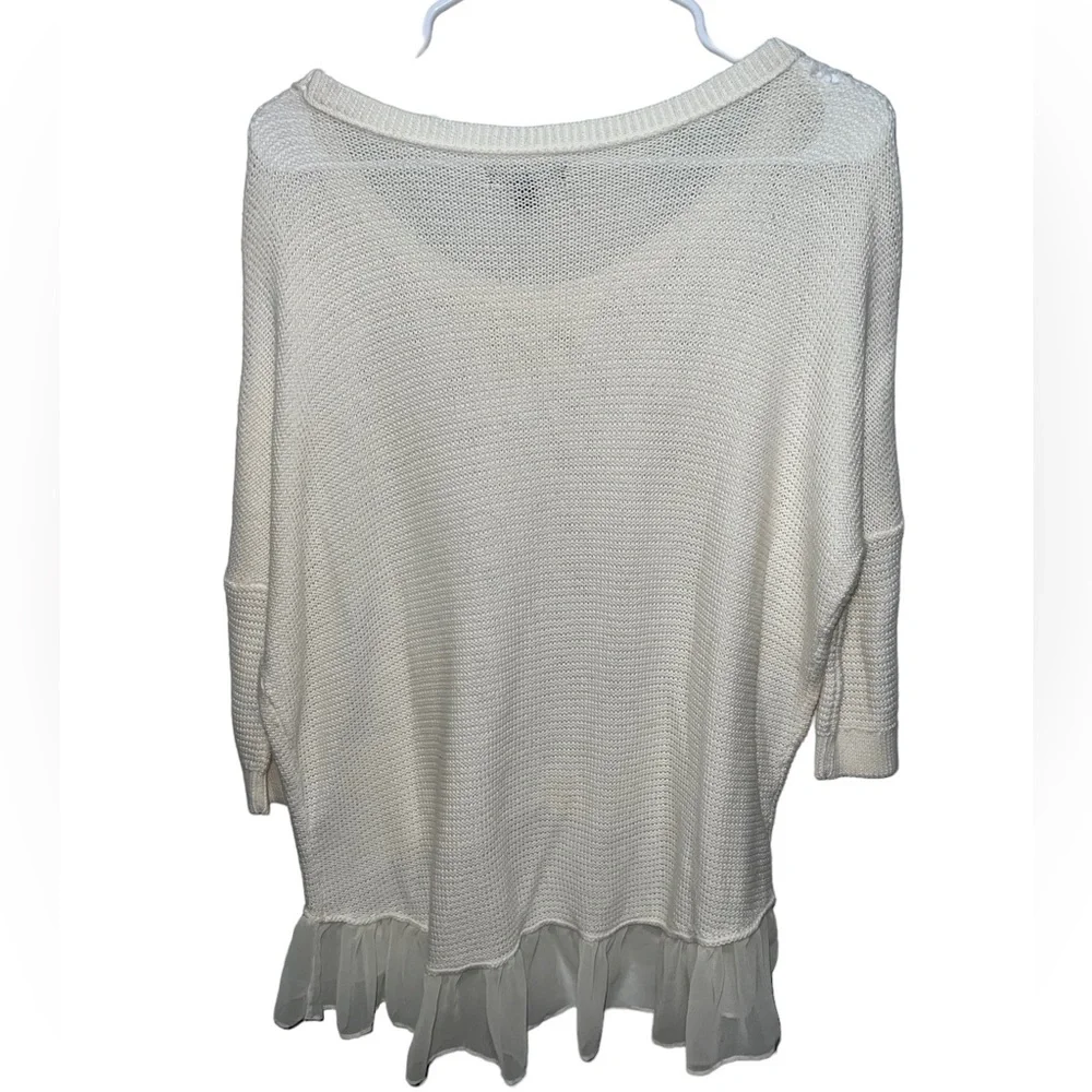 American Eagle Outfitters Ivory Loose-Knit Chiffon Ruffle Pullover Sweater - Picture 2 of 4